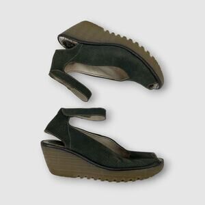 Fly London Olive Green Perforated Leather Wedge Sandals Size 41